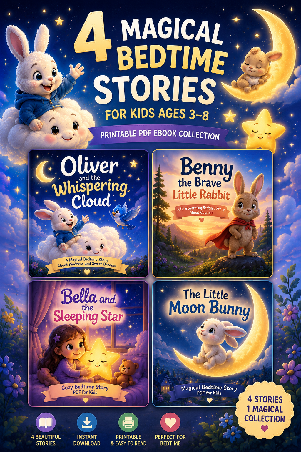 4 Magical Bedtime Stories for Kids Ages 3–8 | Printable PDF Ebook Collection | Instant Digital Download